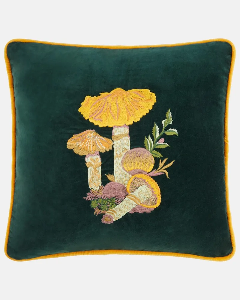 Les-Ottomans Besticktes Kissen aus Baumwollsamt Grün