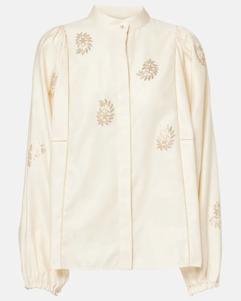 Max Mara Verzierte Bluse Caladio aus Baumwollsatin Weiß