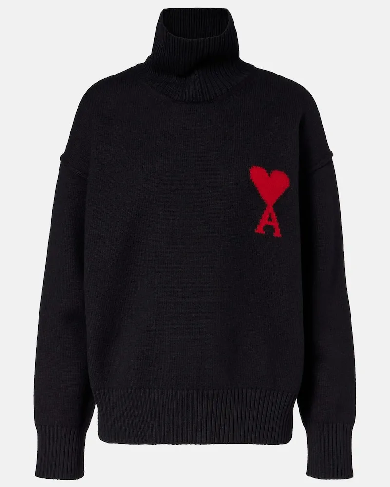 AMI Paris Rollkragenpullover Ami de Cœur aus Schurwolle Schwarz