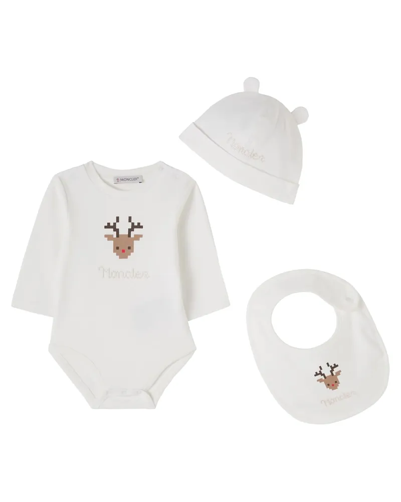 Moncler Baby Set aus Mütze, Lätzchen und Body Weiß