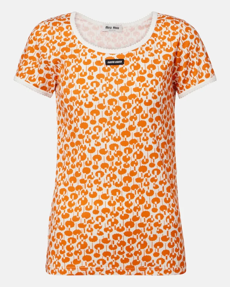 Miu Miu Bedrucktes T-Shirt aus Baumwolle mit Spitze Orange