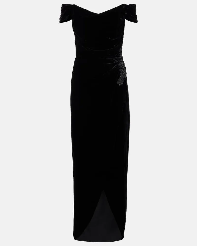COSTARELLOS Verzierte Off-Shoulder-Robe aus Samt Schwarz