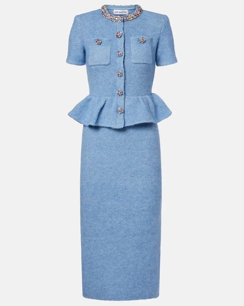 Self-Portrait Verziertes Midikleid aus Strick Blau