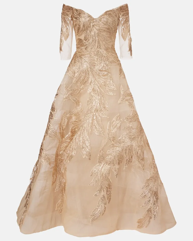Monique Lhuillier Bestickte Robe aus Tüll Gold