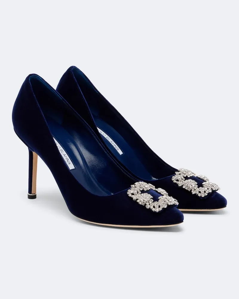 Manolo Blahnik Pumps Hangisi 90 aus Samt mit Kristallen Blau