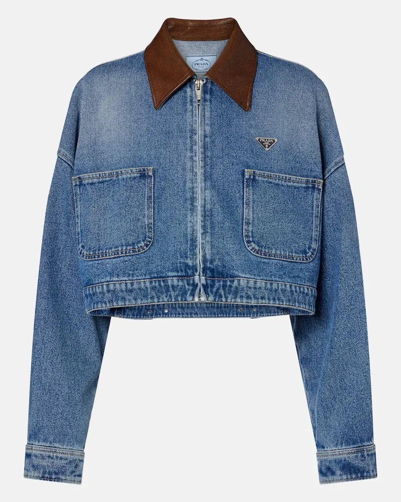Prada Cropped-Jeansjacke mit Leder Blau