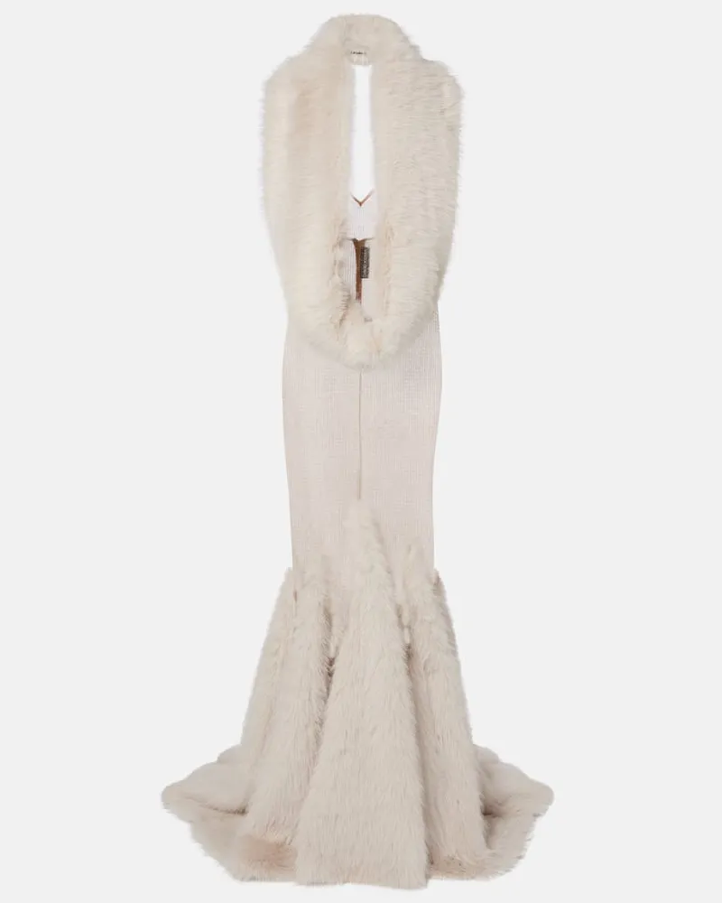 David Koma Robe mit Pailletten und Faux Fur Beige