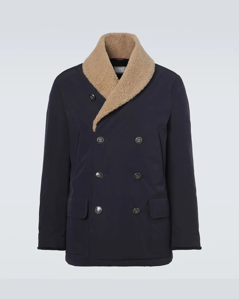 Brunello Cucinelli Doppelreihige Jacke aus Tech-Material Blau