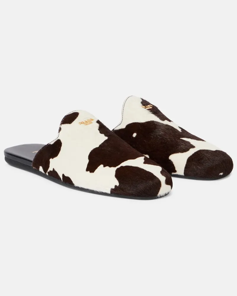Prada Bedruckte Slippers aus Kalbshaar Braun