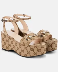 Gucci Plateausandalen Horsebit GG aus Canvas Beige