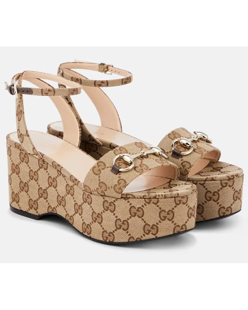 Gucci Plateausandalen Horsebit GG aus Canvas Beige