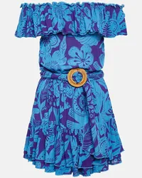 Poupette St Barth Bedrucktes Off-Shoulder-Minikleid Bella Blau