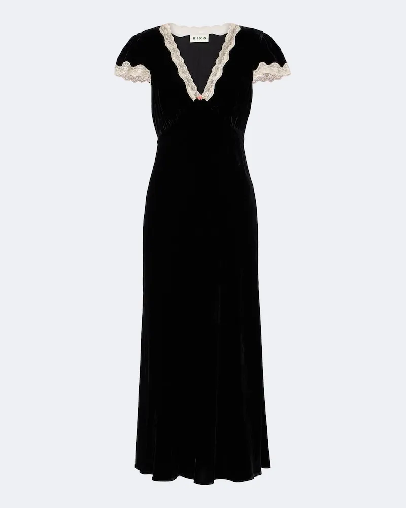 RIXO Midikleid Clarice aus Samt mit Spitze Schwarz