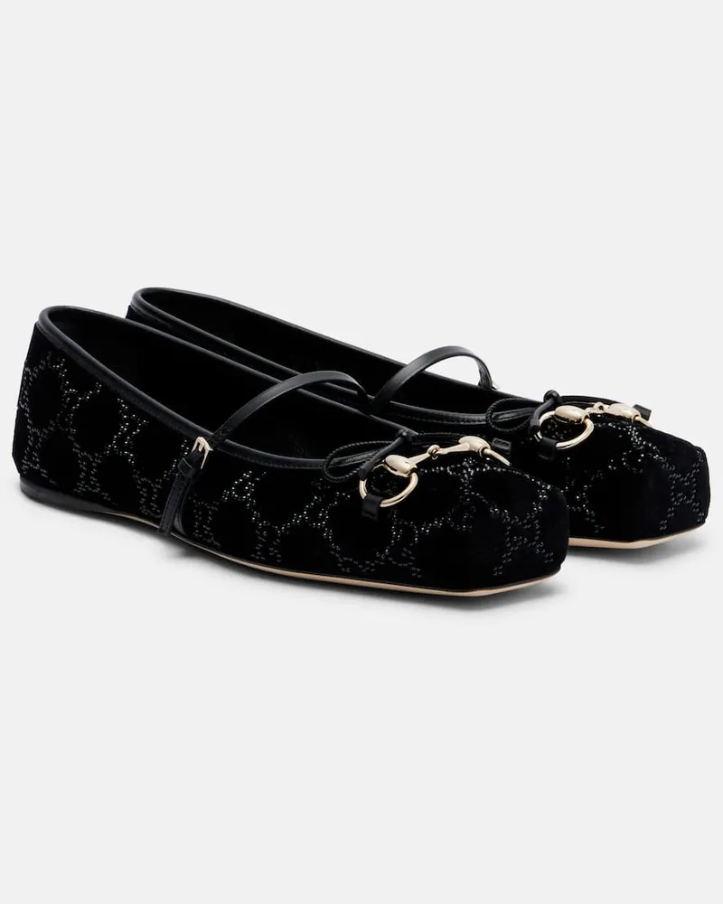 Gucci Ballerinas Gucci Horsebit aus Samt mit Kristallen Schwarz