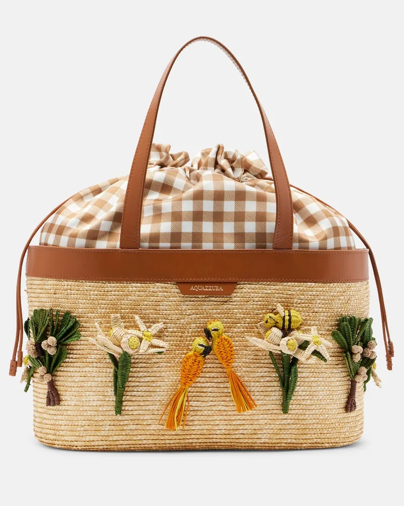 Aquazzura Tote Birdsong aus Raffiabast Beige