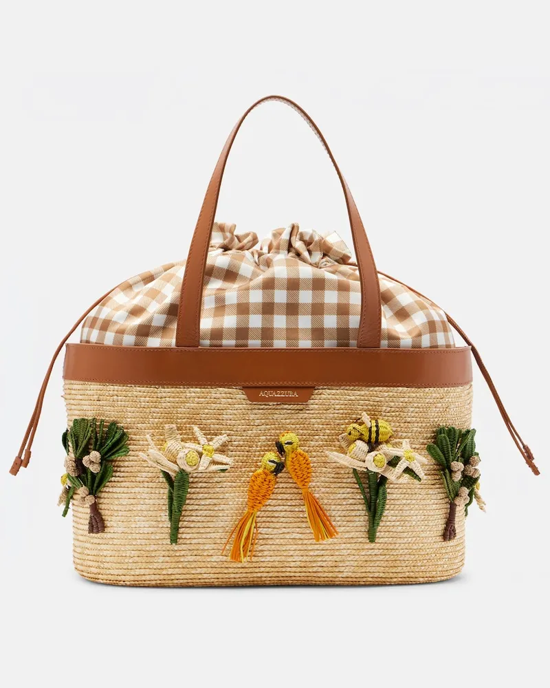 Aquazzura Tote Birdsong aus Raffiabast Beige