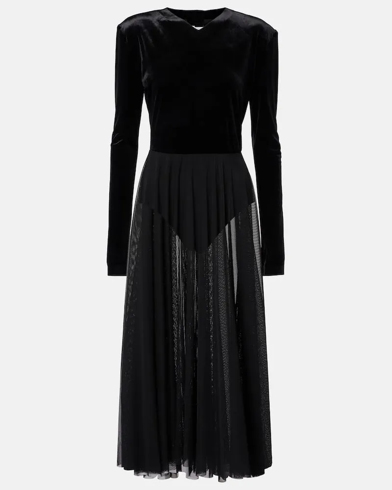 Norma Kamali Midikleid aus Samt und Mesh Schwarz