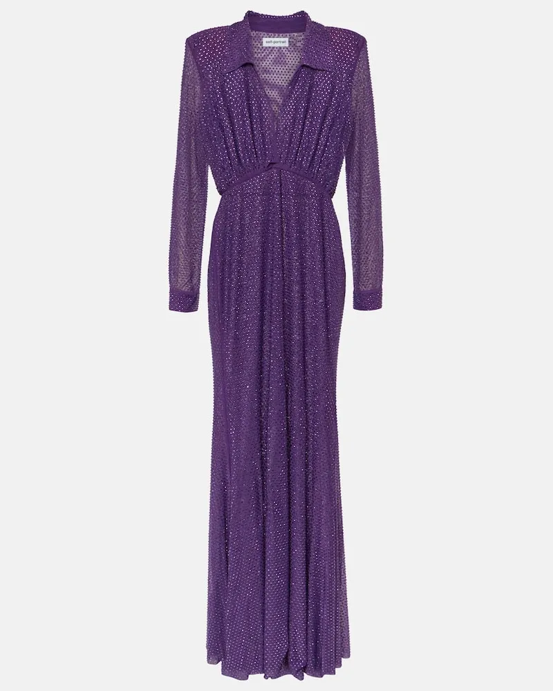 Self-Portrait Verziertes Maxikleid aus Mesh Violett