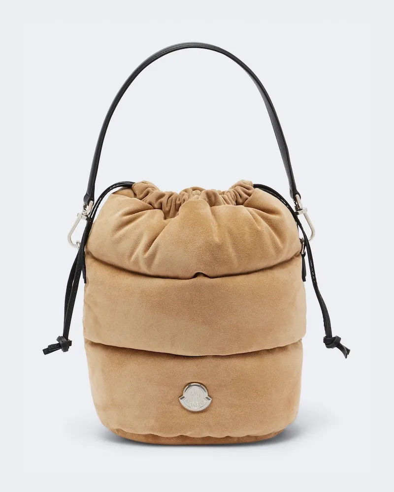Moncler Bucket Bag Caradoc Small aus Veloursleder Beige