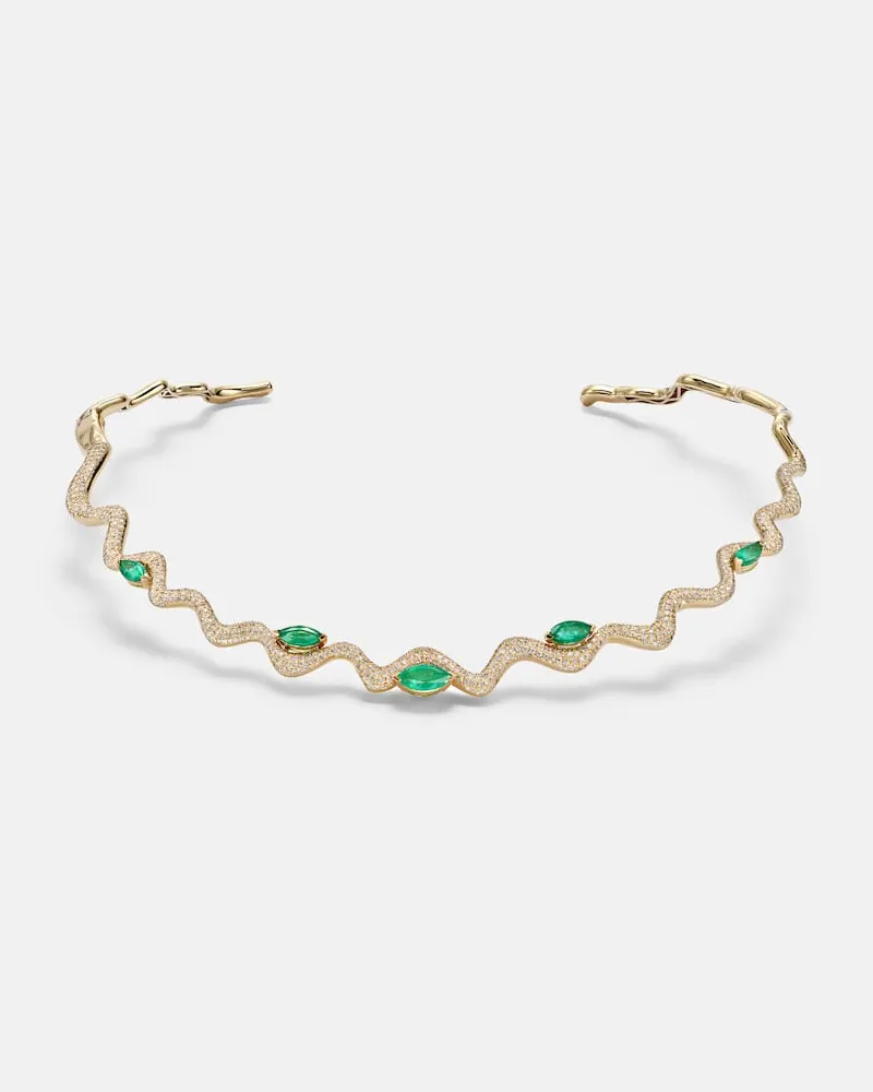 SHAY Halskette Wave aus 18kt Gelbgold (750/1000) mit Diamanten und Smaragden Gold