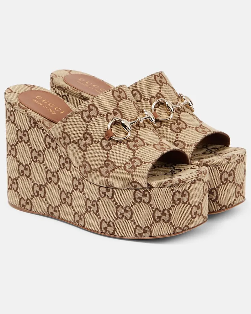 Gucci Wedge-Pantoletten Horsebit GG aus Canvas Beige