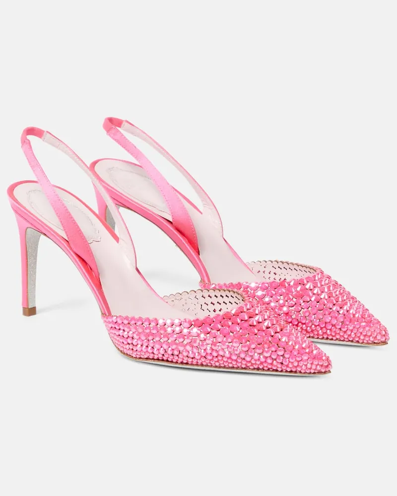 René Caovilla Verzierte Slingback-Pumps aus Satin Rosa