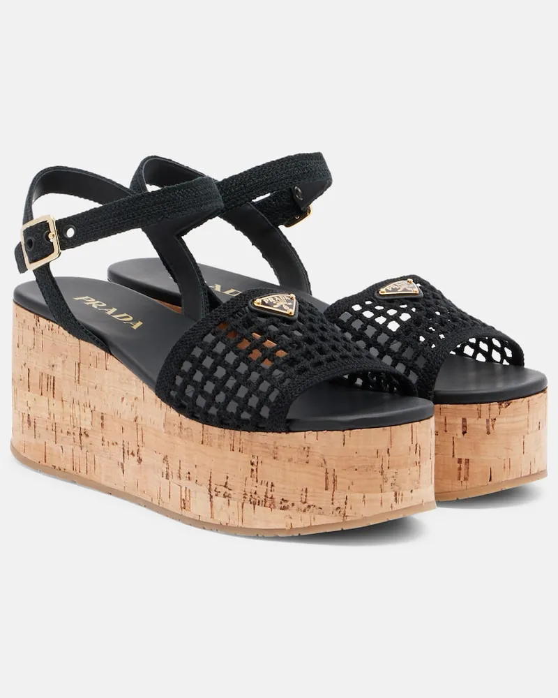 Prada Wedge-Sandalen aus Häkelstrick Schwarz