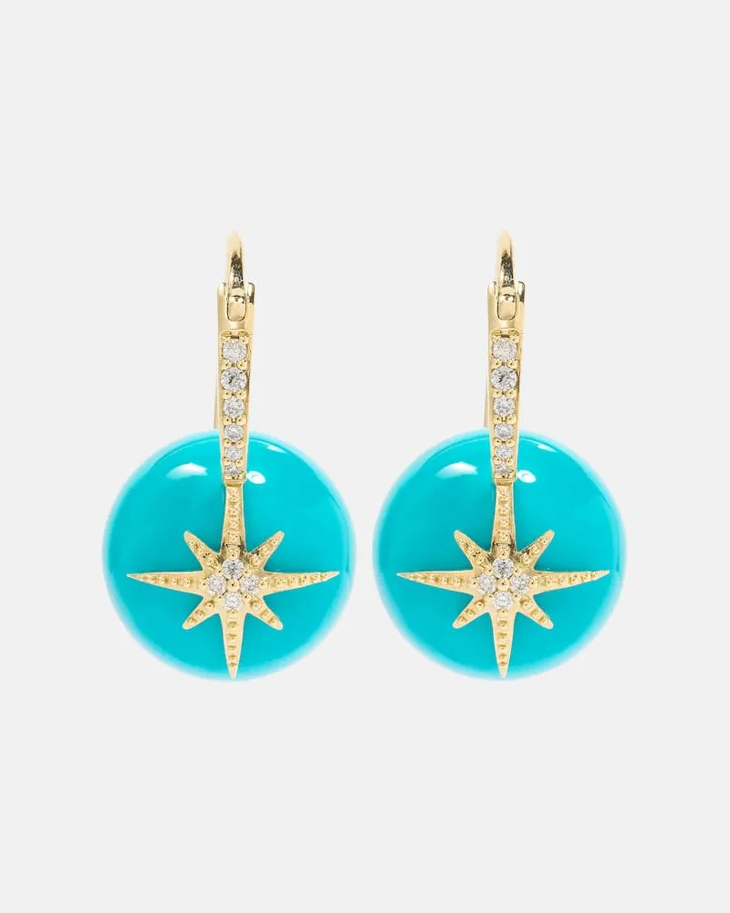 Sydney Evan Ohrringe Starburst aus 14kt Gelbgold mit Diamanten und Türkis Multicolor
