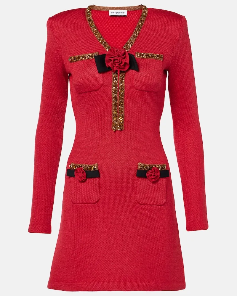 Self-Portrait Minikleid aus Strick mit Pailletten Rot