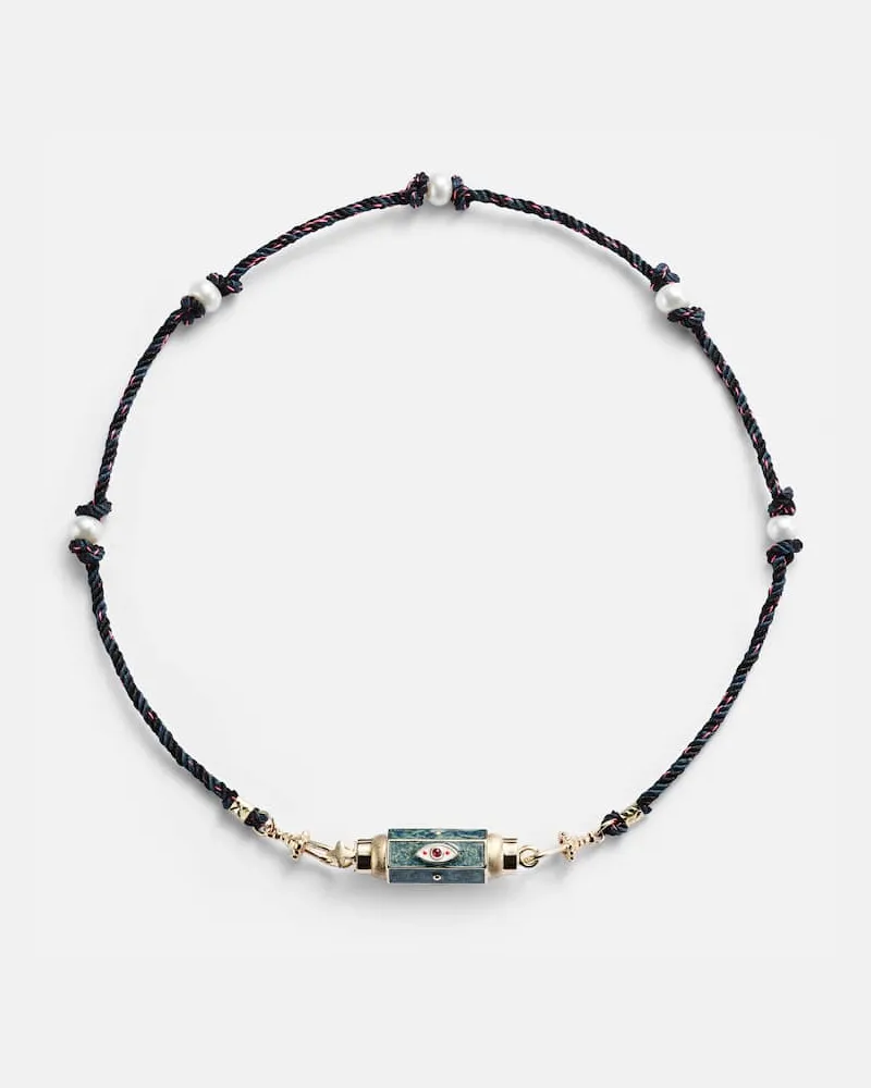 Marie Lichtenberg Halskette Evil Eye mit 14kt Gelbgold, Rubinen und Süßwasserperlen Grün