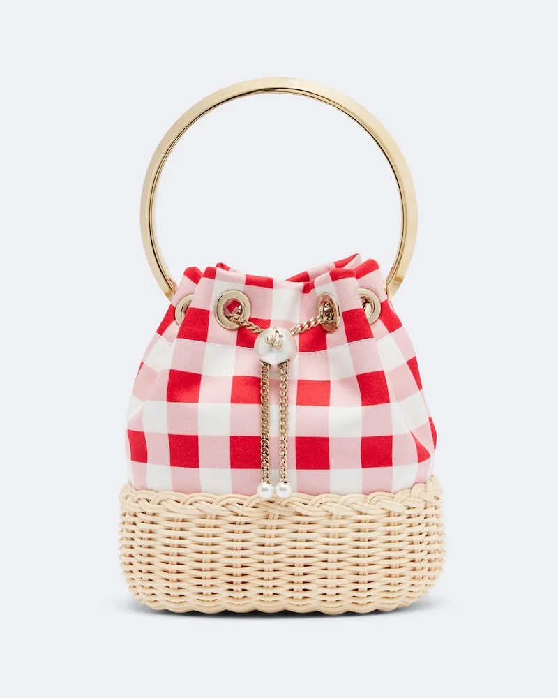 Jimmy Choo Bucket Bag Bon Bon aus Canvas mit Zierperlen Rosa