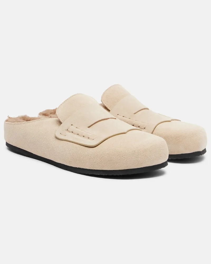 Jacquemus Slippers aus Veloursleder mit Shearling Beige