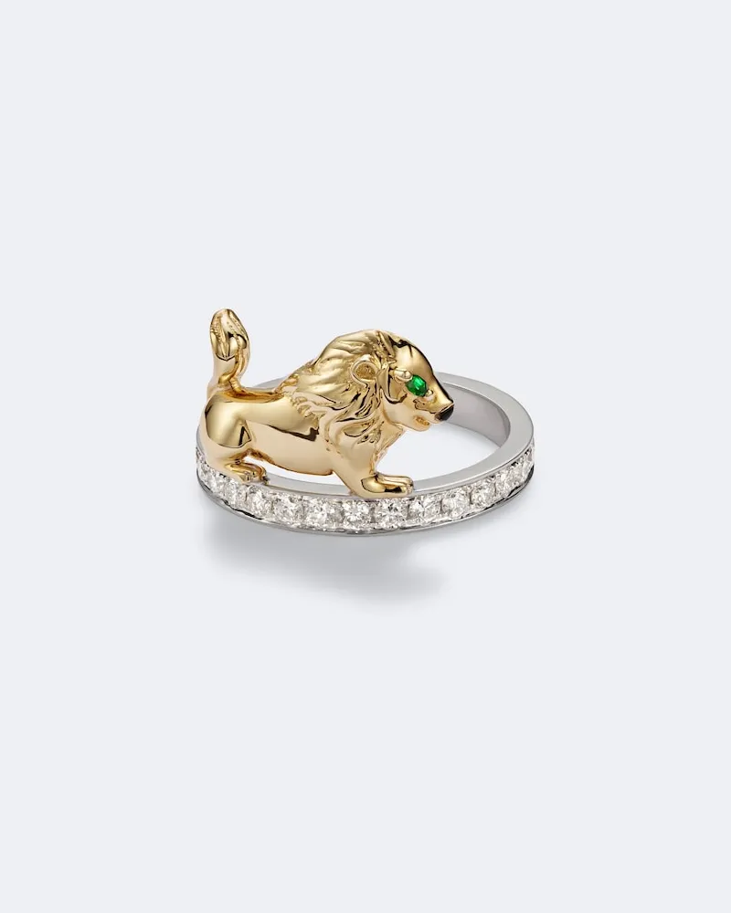 Yvonne Léon Yvonne Léon Ring Alliance Lion aus 9kt Gelb- und Weißgold mit Diamanten, Tsavorit und Onyx Gold