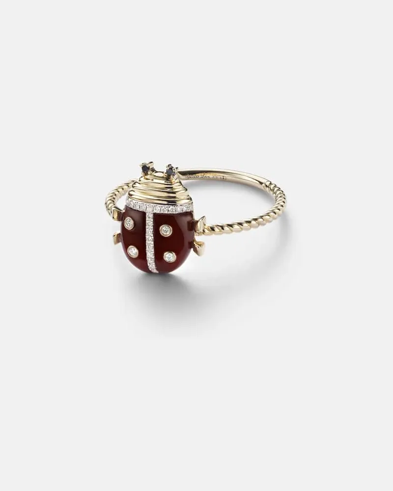 Yvonne Léon Yvonne Léon Ring Coccinelle Mini aus 9kt Gelbgold mit Diamanten und Achat Rot