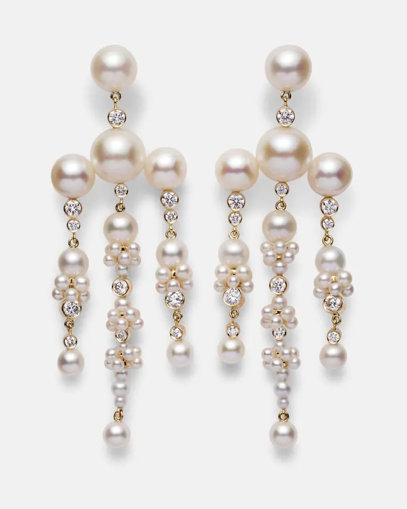 Sophie Bille Brahe Ohrringe Jardin de Rêve aus 14kt Gelbgold mit Diamanten und Süßwasserperlen Weiß