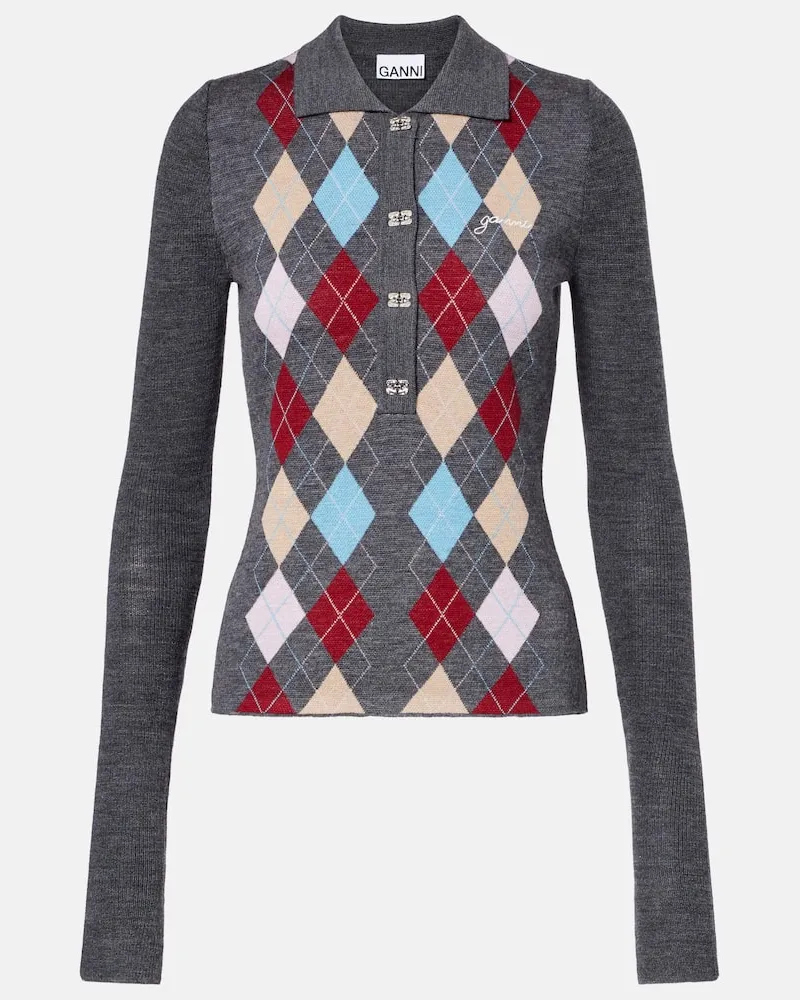 Ganni Polopullover Argyle aus Wolle Grau