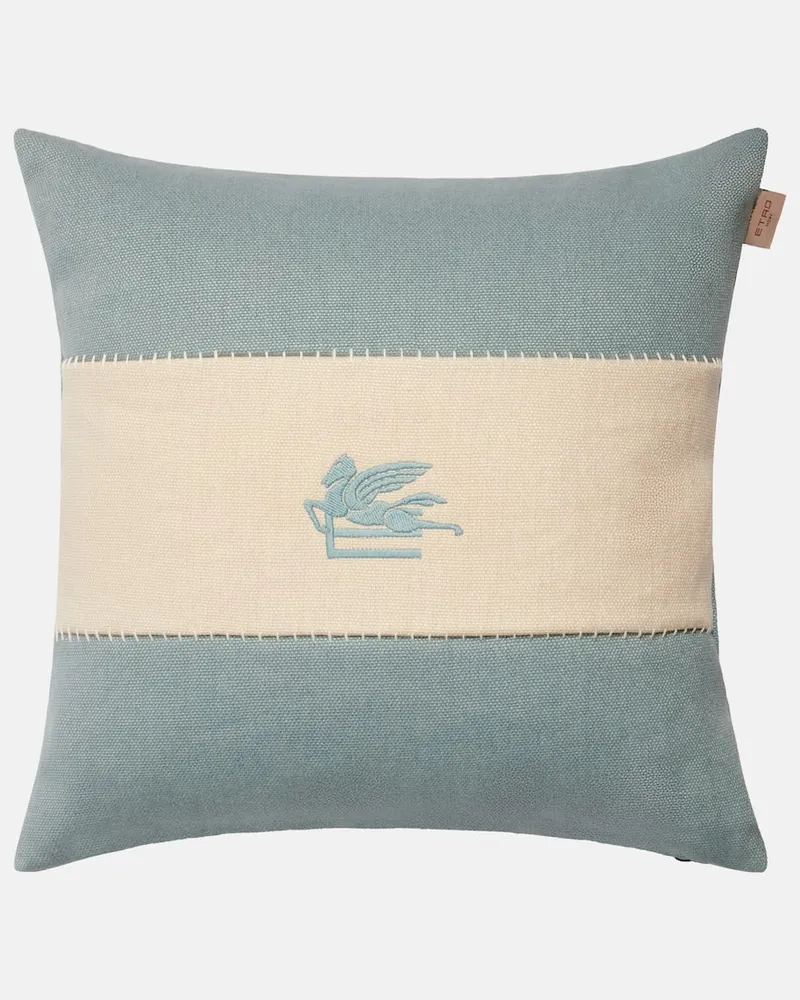 Etro Besticktes Kissen Pegaso aus Leinen Blau