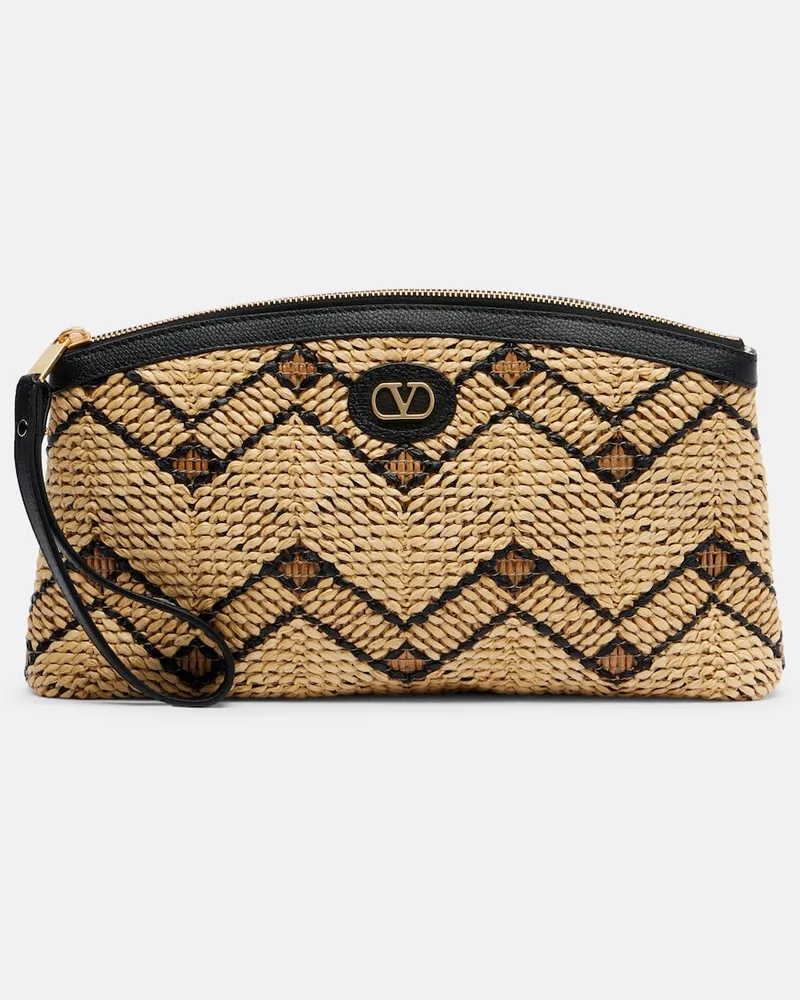 Valentino Garavani Clutch VLogo Small aus Raffiabast mit Leder Beige