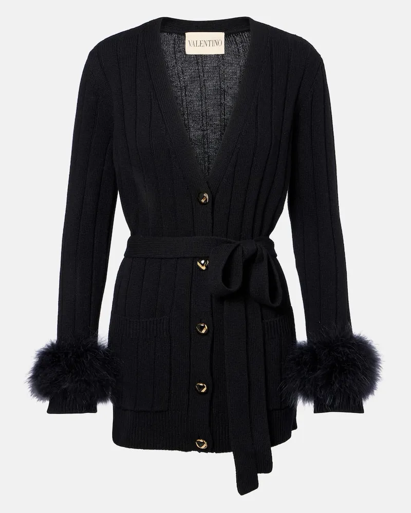 Valentino Garavani Cardigan aus Schurwolle mit Federn Schwarz