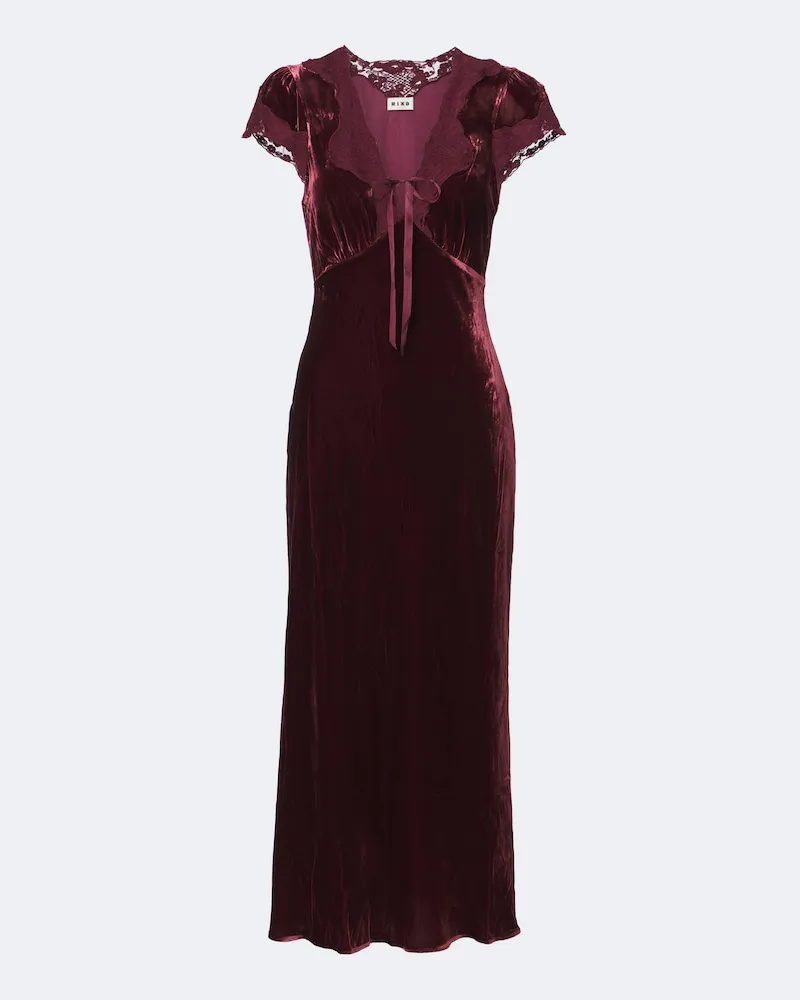 RIXO Midikleid Amari aus Samt mit Spitze Burgunderrot