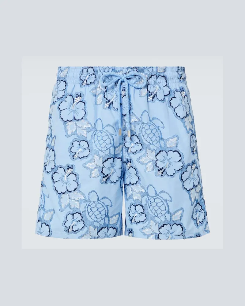 Vilebrequin Bestickte Badeshorts Hibiscus Blau