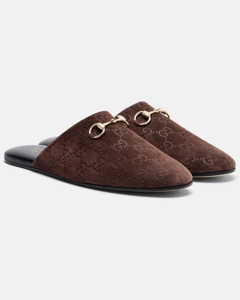 Gucci Slippers Horsebit GG aus Veloursleder Braun
