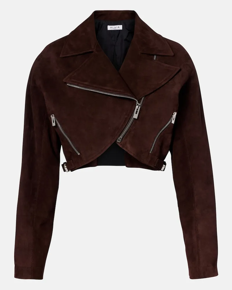 Alaïa Alaïa Cropped-Bikerjacke aus Veloursleder Braun