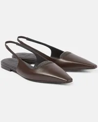 Brunello Cucinelli Verzierte Slingback-Ballerinas aus Leder Grau