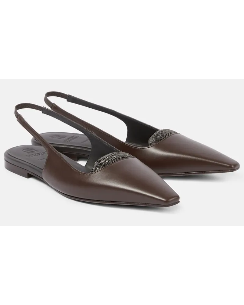 Brunello Cucinelli Verzierte Slingback-Ballerinas aus Leder Grau