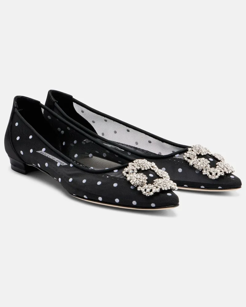 Manolo Blahnik Ballerinas Hangisi aus Mesh mit Kristallen Schwarz