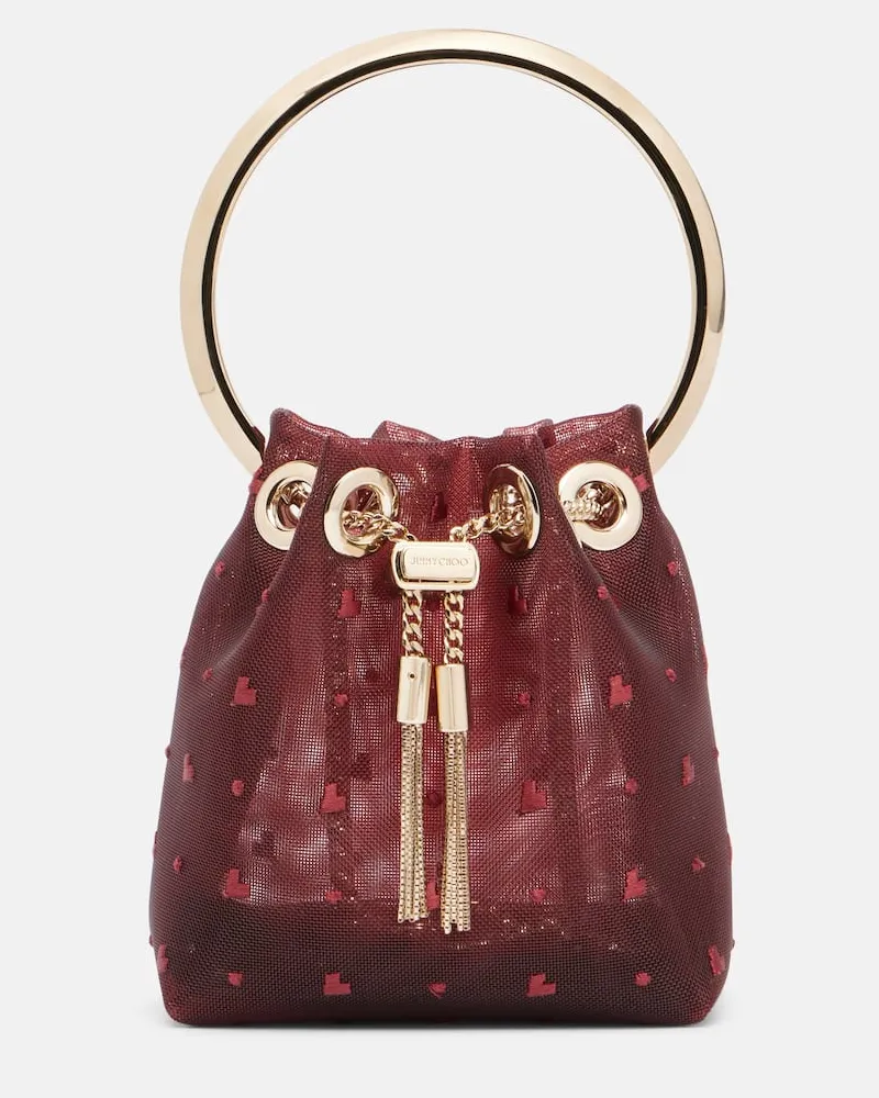 Jimmy Choo Bucket Bag Bon Bon Micro aus Mesh Burgunderrot