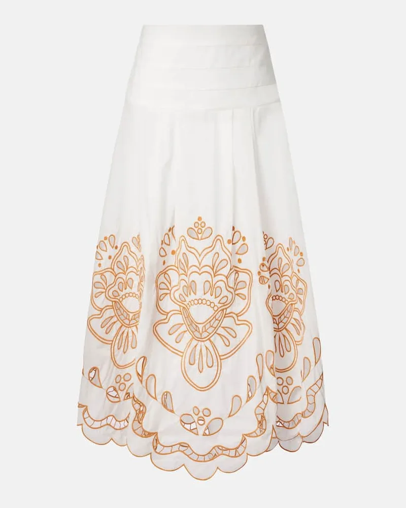 FARM Rio Bestickter Midirock aus Baumwolle Weiß