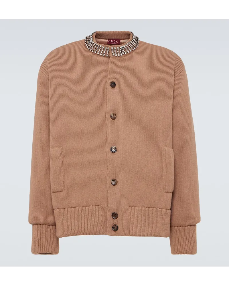 Gucci Verzierter Cardigan aus Rippstrick Beige