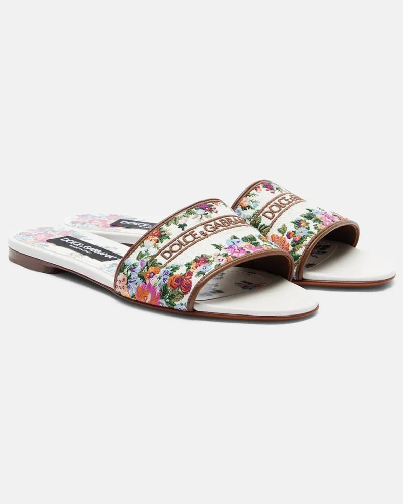 Dolce & Gabbana Bestickte Pantoletten mit Leder Weiß